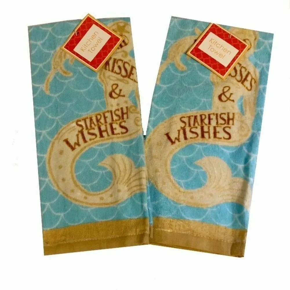 Mermaid Kisses Dish Towels Set of 2 Beach Summer House Nautical 100% Cotton